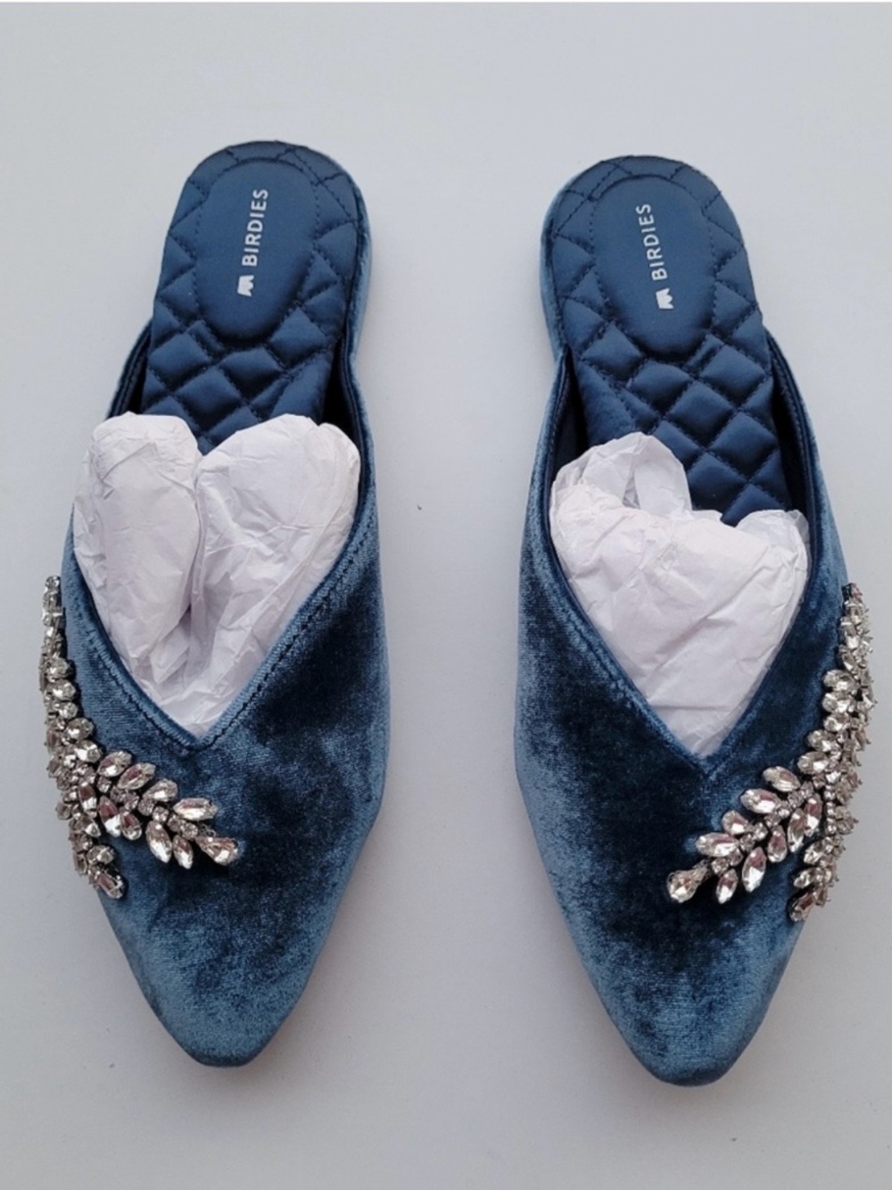 Birdies The Swan Mule Blue Velvet Pointed-Toe Mules with Crystal Embellishment - Picture 3 of 8